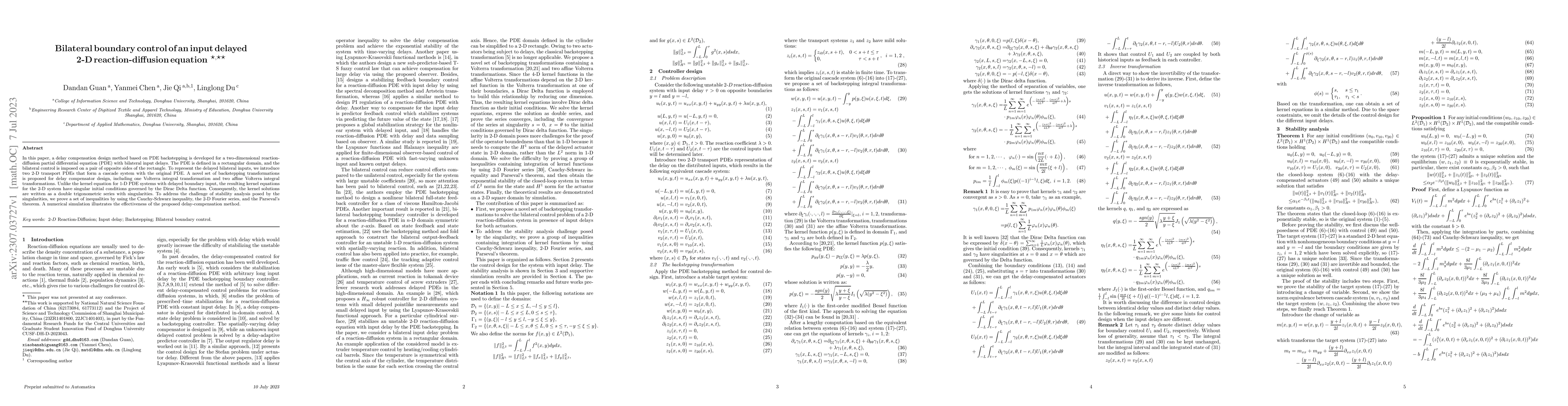 Thumbnail for Bilateral boundary control of an input delayed 2-D reaction-diffusion
  equation