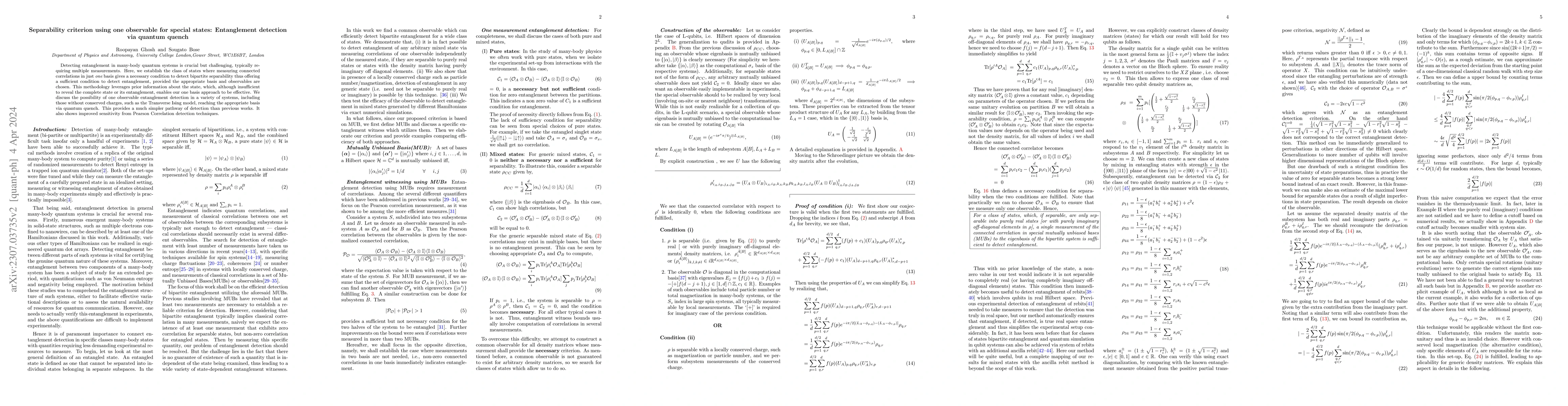 Thumbnail for Separability criterion using one observable for special states:
  Entanglement detection via quantum quench