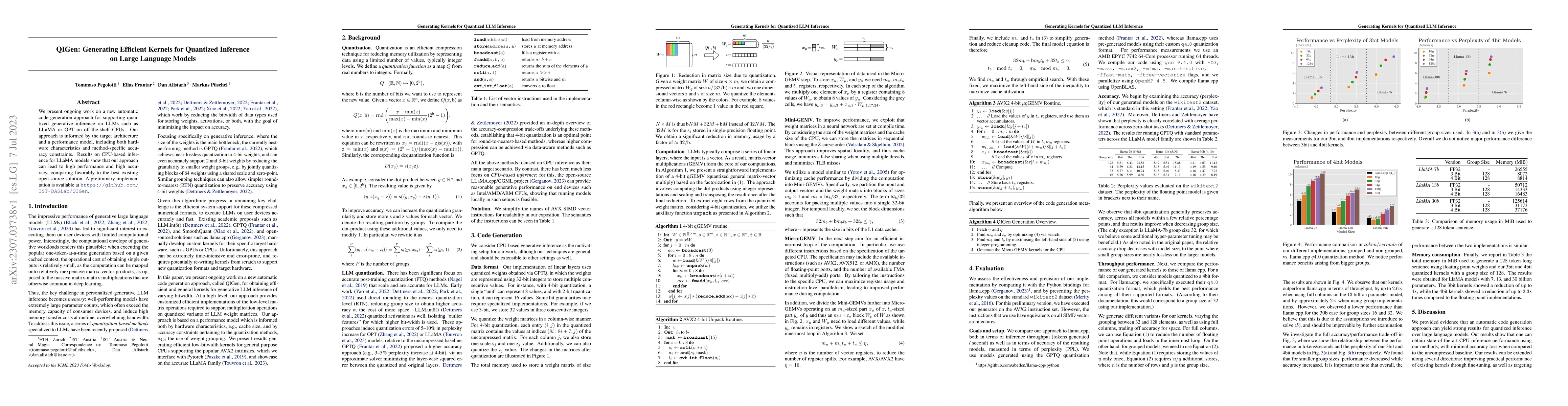 Thumbnail for QIGen: Generating Efficient Kernels for Quantized Inference on Large
  Language Models