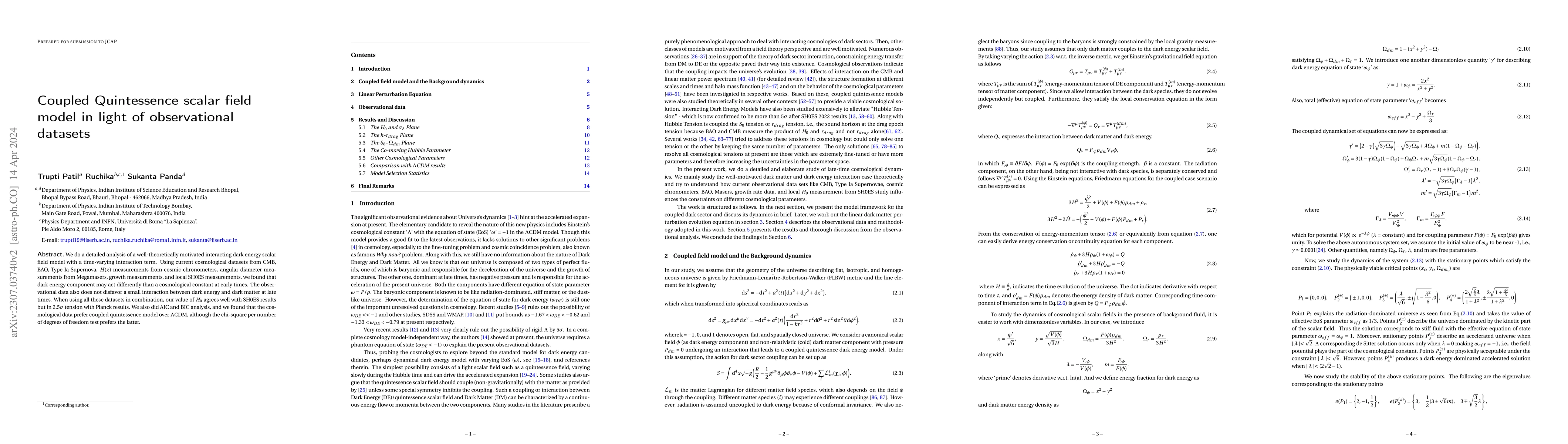Thumbnail for Coupled Quintessence scalar field model in light of observational
  datasets
