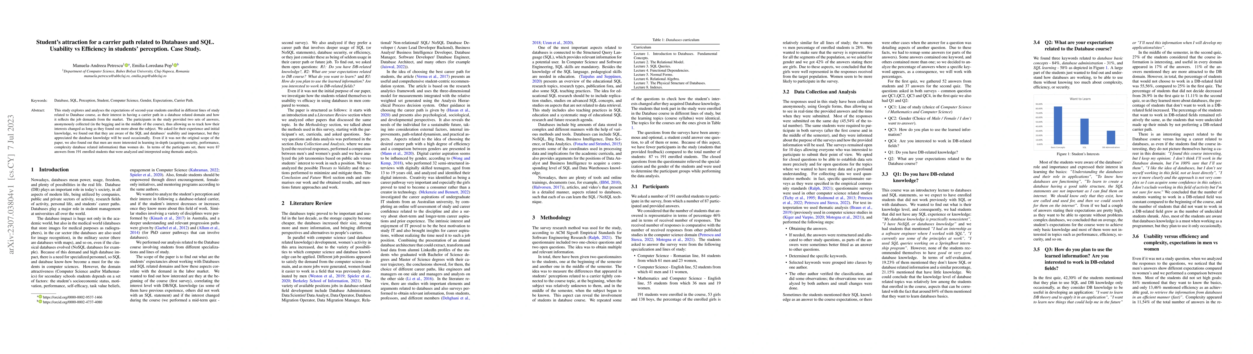 Thumbnail for Student's Attraction for a Carrier Path Related to Databases and SQL:
  Usability vs Efficiency in Students' Perception -Case Study
