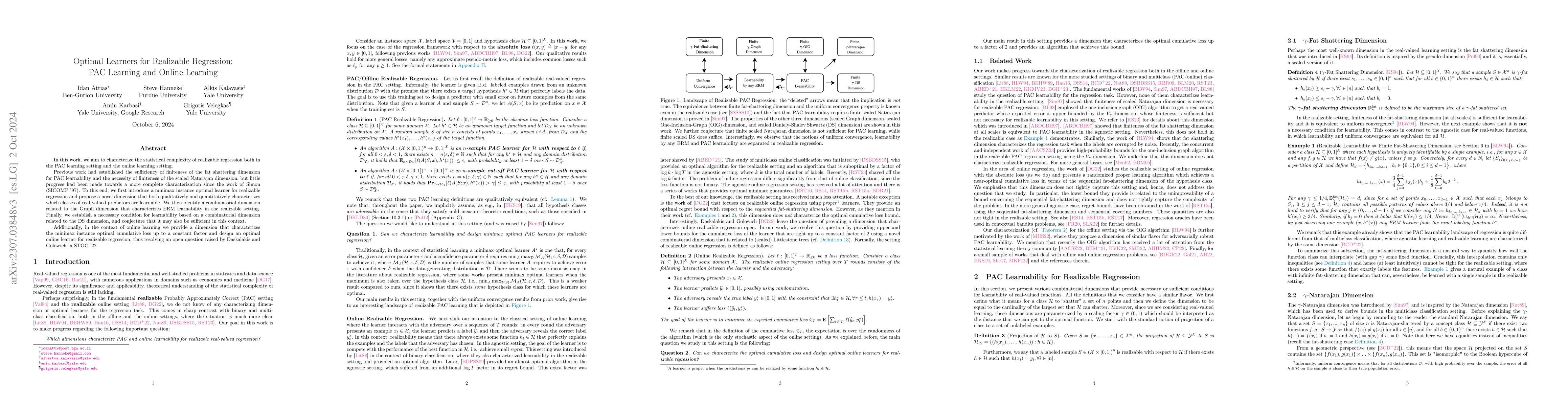 Thumbnail for Optimal Learners for Realizable Regression: PAC Learning and Online
  Learning