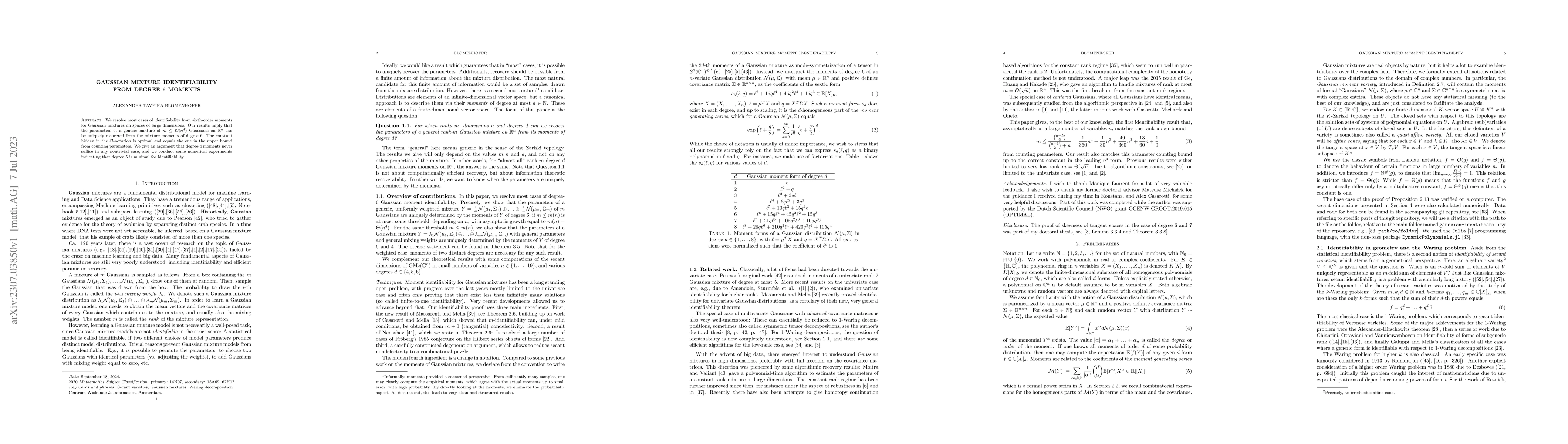 Thumbnail for Gaussian Mixture Identifiability from degree 6 Moments