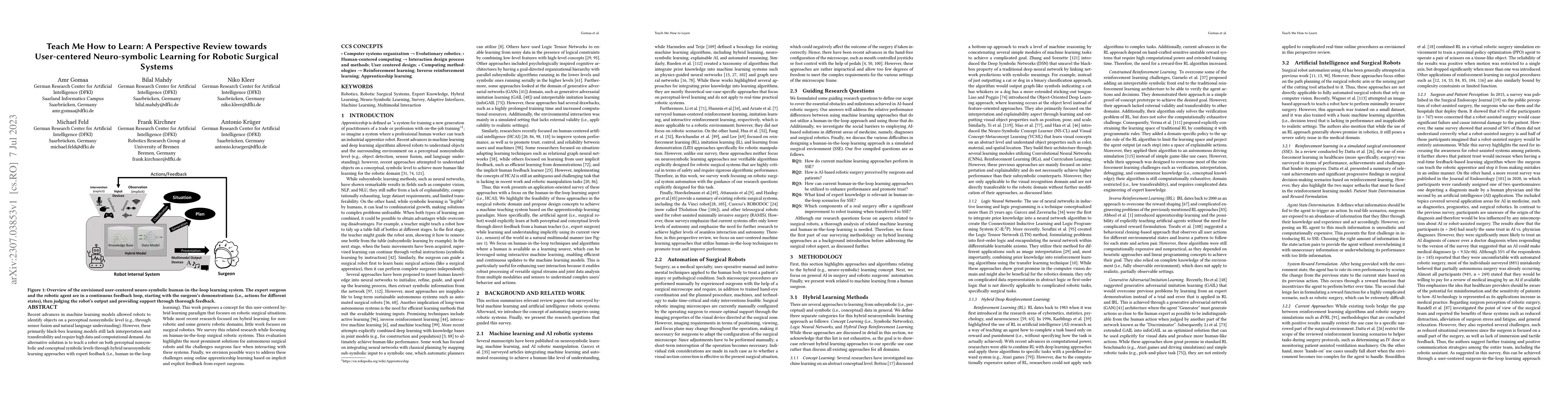 Thumbnail for Teach Me How to Learn: A Perspective Review towards User-centered
  Neuro-symbolic Learning for Robotic Surgical Systems