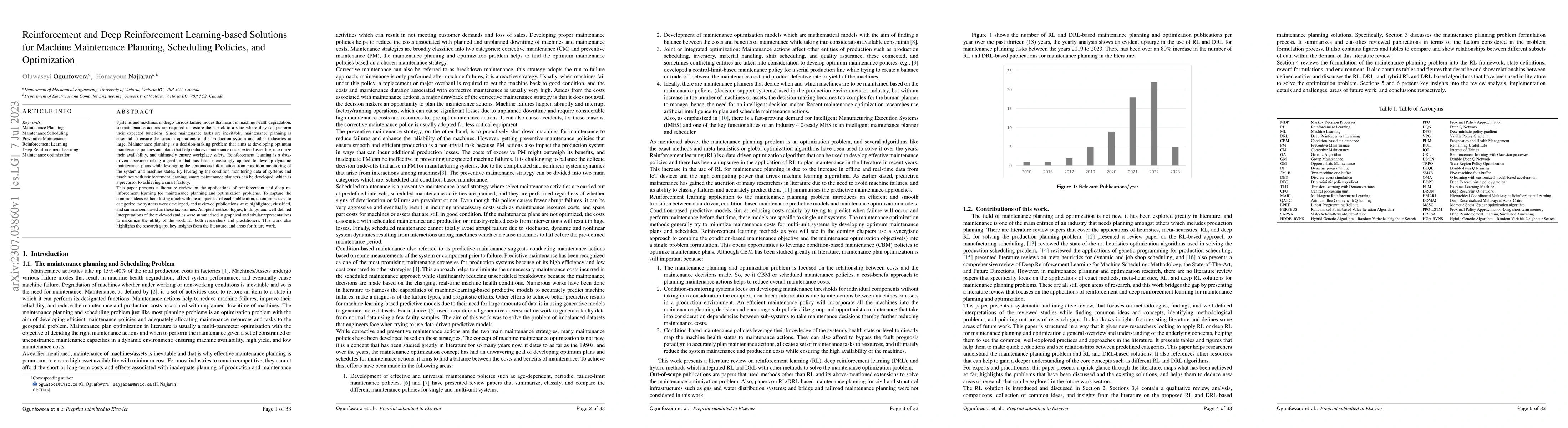 Thumbnail for Reinforcement and Deep Reinforcement Learning-based Solutions for
  Machine Maintenance Planning, Scheduling Policies, and Optimization