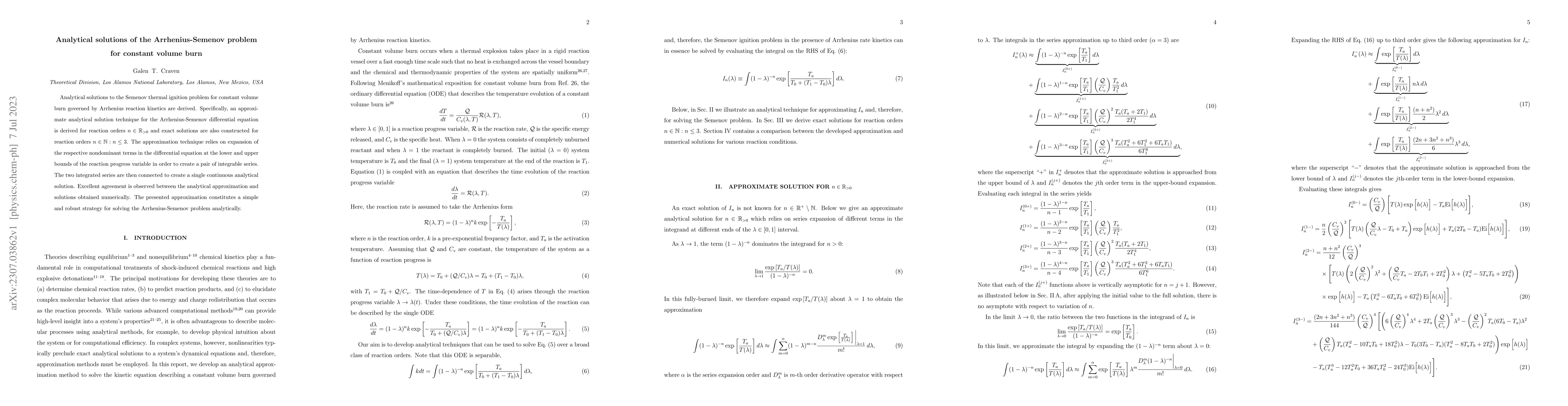 Thumbnail for Analytical solutions of the Arrhenius-Semenov problem for constant
  volume burn