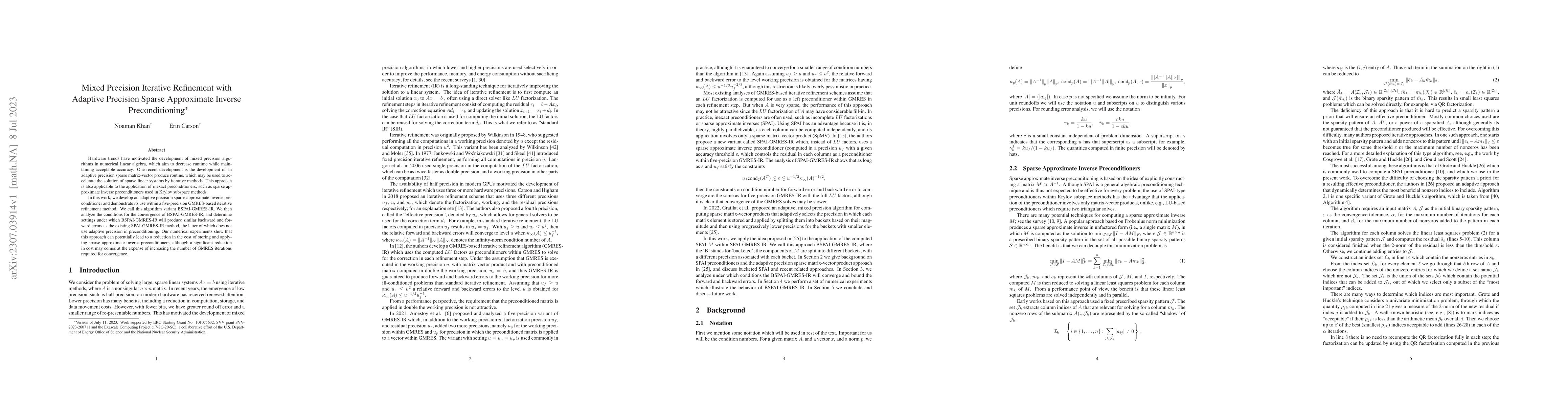Thumbnail for Mixed Precision Iterative Refinement with Adaptive Precision Sparse
  Approximate Inverse Preconditioning