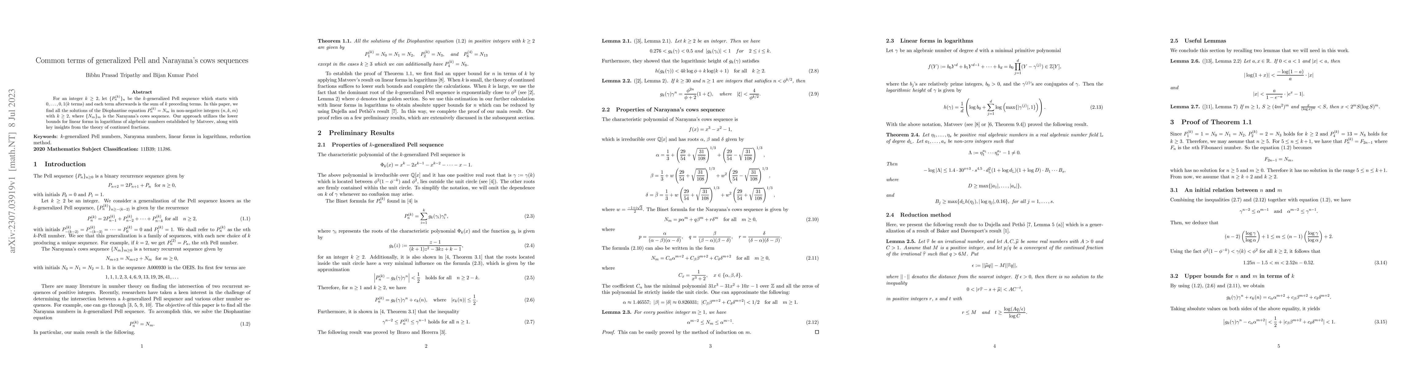 Thumbnail for Common terms of generalized Pell and Narayana's cows sequences
