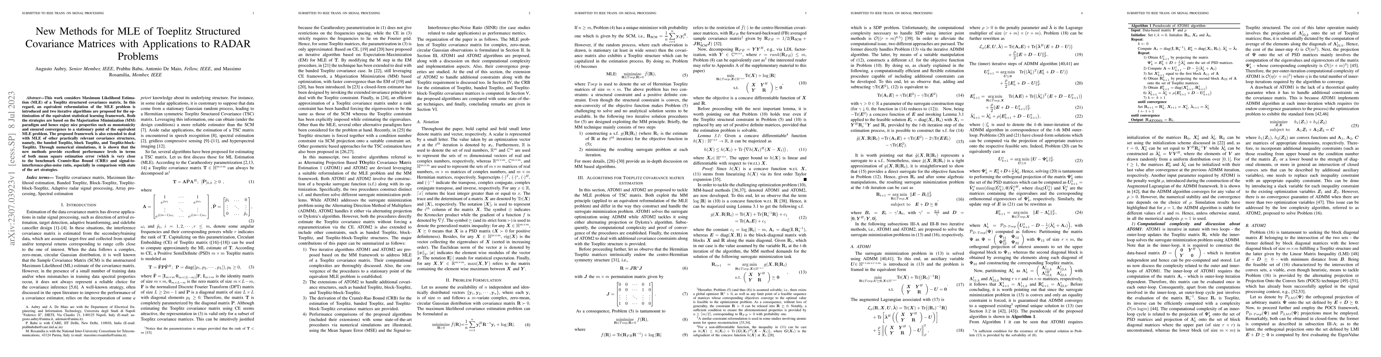 Thumbnail for New Methods for MLE of Toeplitz Structured Covariance Matrices with
  Applications to RADAR Problems