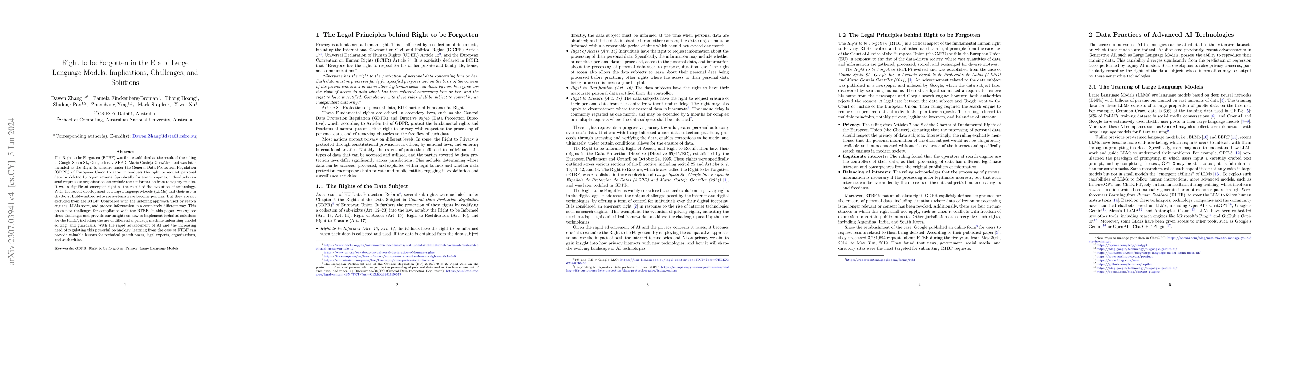 Thumbnail for Right to be Forgotten in the Era of Large Language Models: Implications,
  Challenges, and Solutions