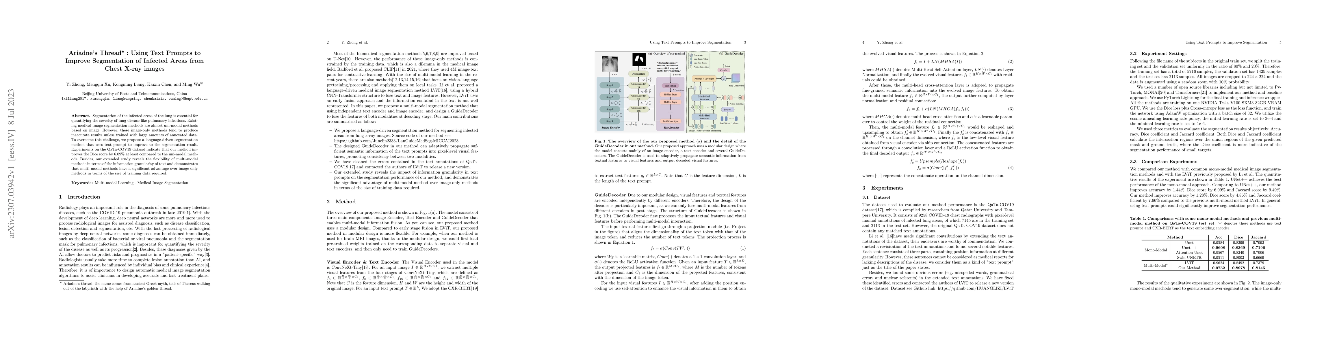 Thumbnail for Ariadne's Thread:Using Text Prompts to Improve Segmentation of Infected
  Areas from Chest X-ray images