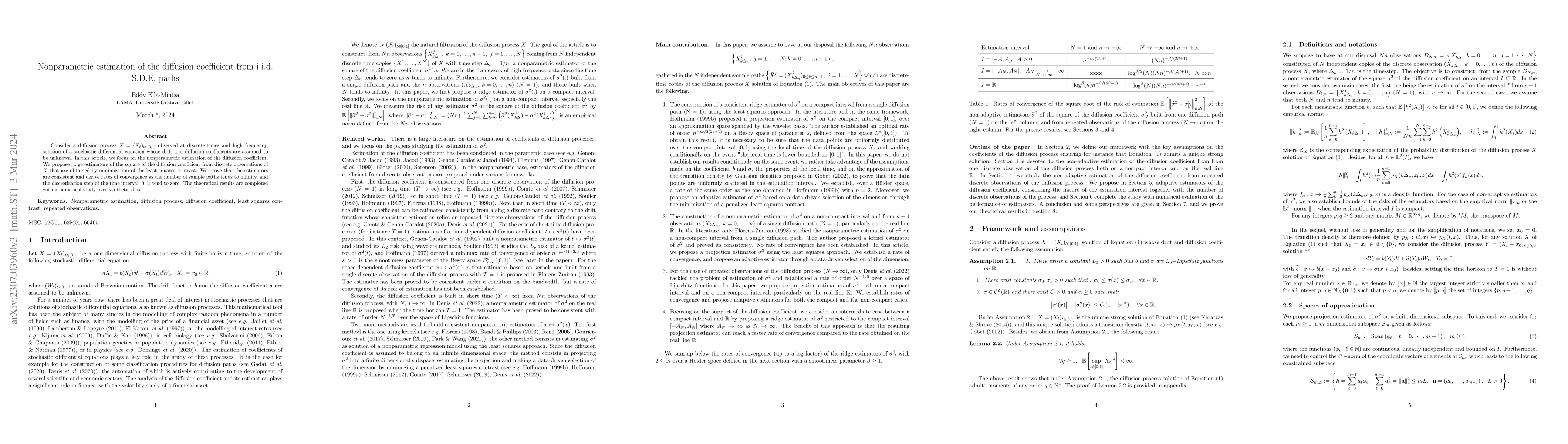 Thumbnail for Nonparametric estimation of the diffusion coefficient from S.D.E. paths
