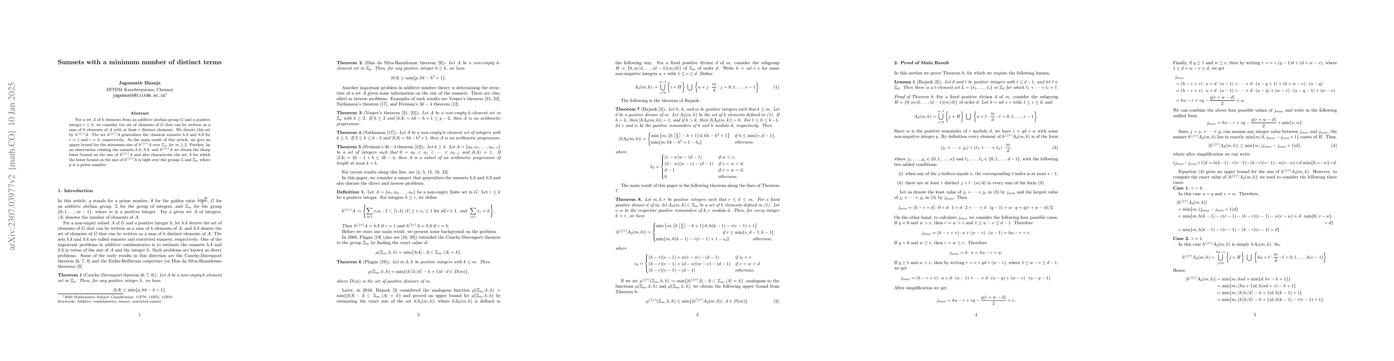 Thumbnail for Sumsets with a minimum number of distinct terms