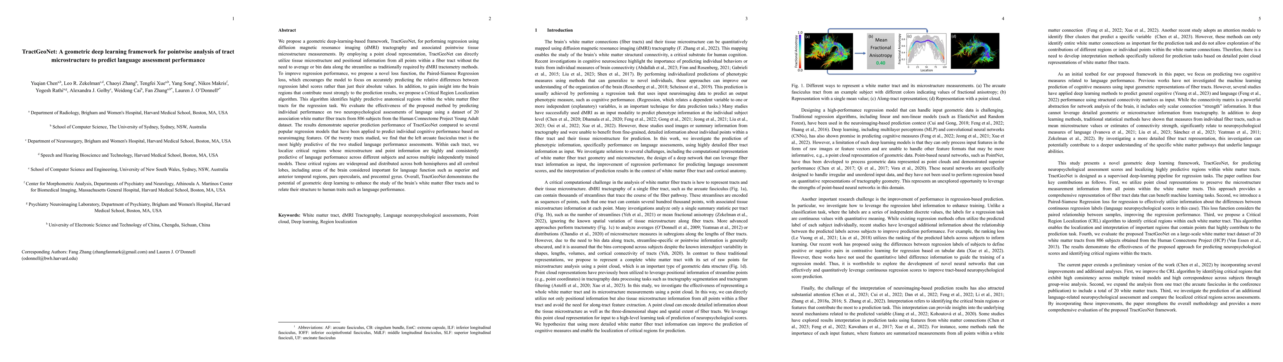 Thumbnail for TractGeoNet: A geometric deep learning framework for pointwise analysis
  of tract microstructure to predict language assessment performance