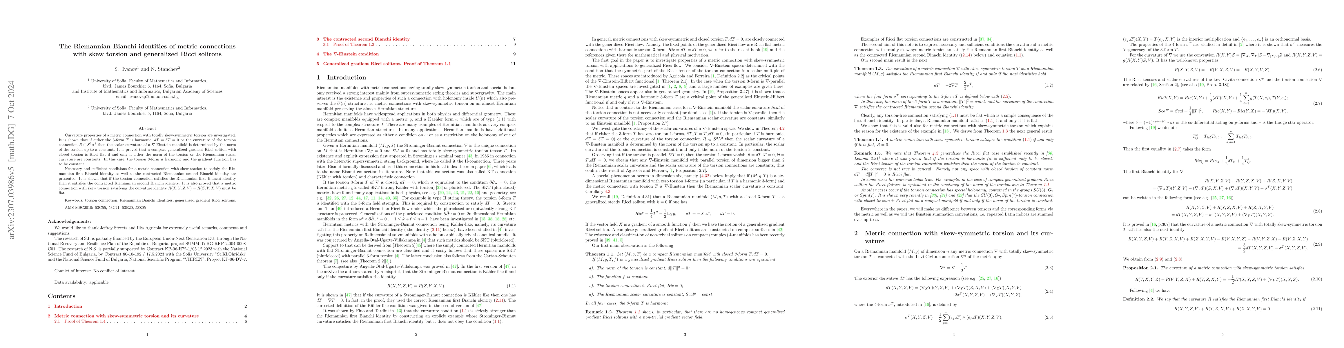 Thumbnail for The Riemannian Bianchi identities of metric connections with skew
  torsion and generalized Ricci solitons