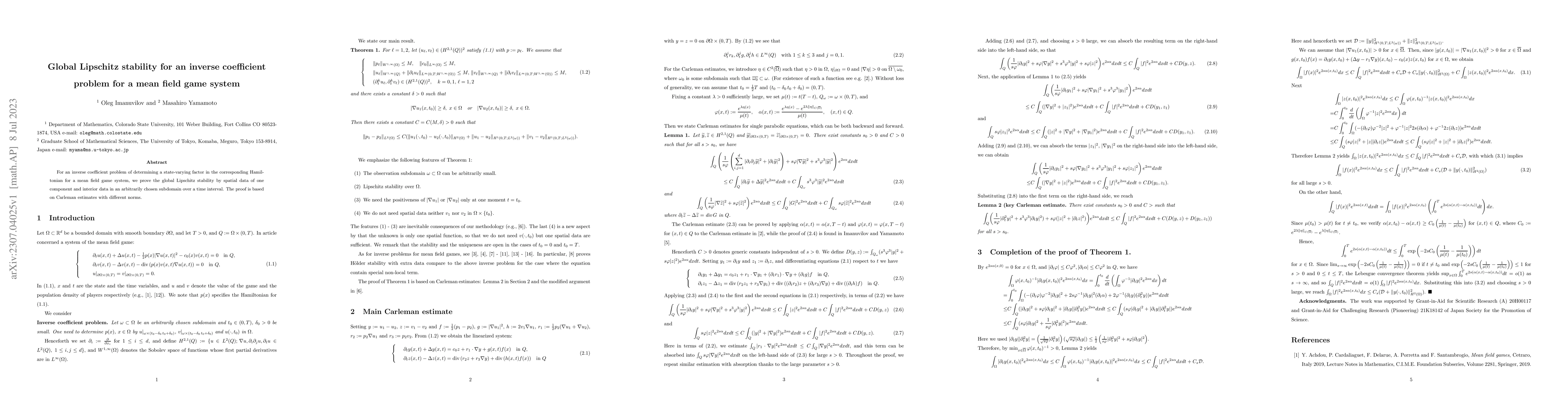 Thumbnail for Global Lipschitz stability for an inverse coefficient problem for a mean
  field game system