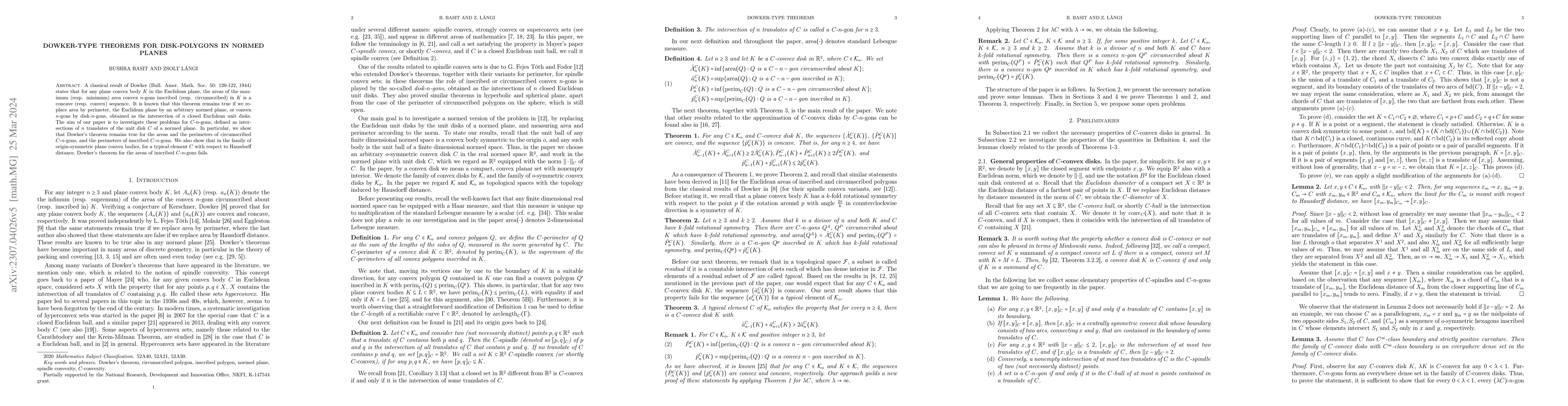 Thumbnail for Dowker-type theorems for disk-polygons in normed planes