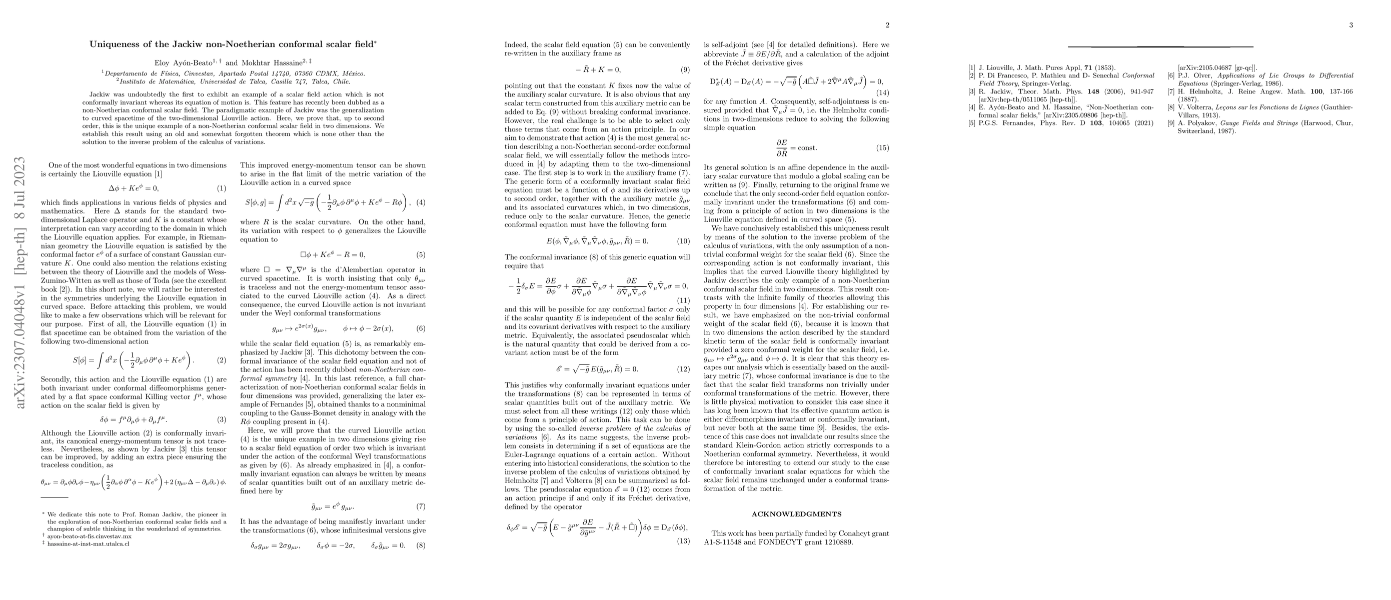 Thumbnail for Uniqueness of the Jackiw non-Noetherian conformal scalar field