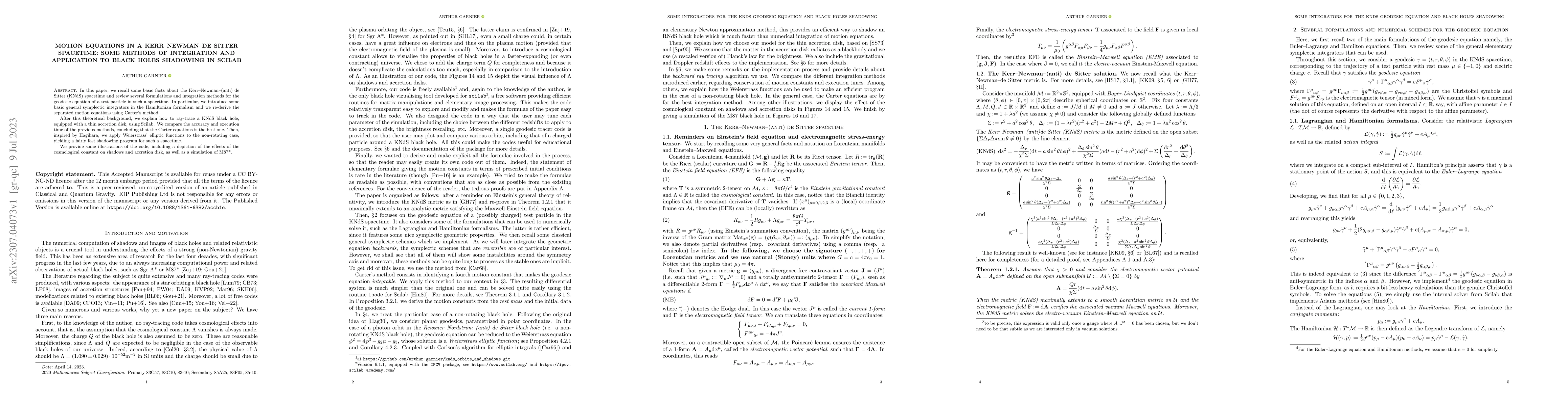 Thumbnail for Motion equations in a Kerr-Newman-de Sitter spacetime: some methods of
  integration and application to black holes shadowing in Scilab