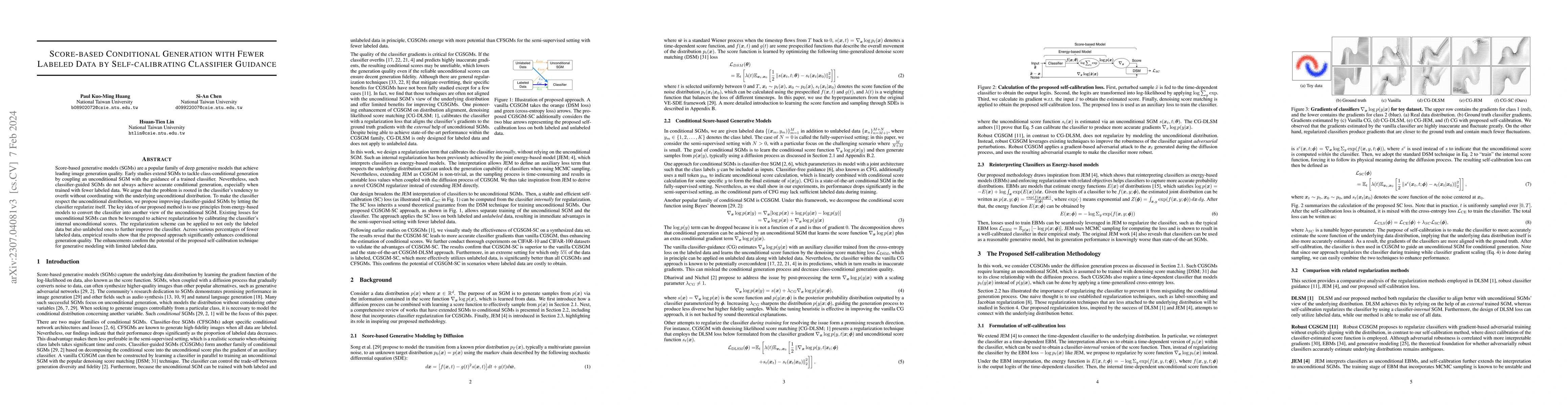 Thumbnail for Score-based Conditional Generation with Fewer Labeled Data by
  Self-calibrating Classifier Guidance