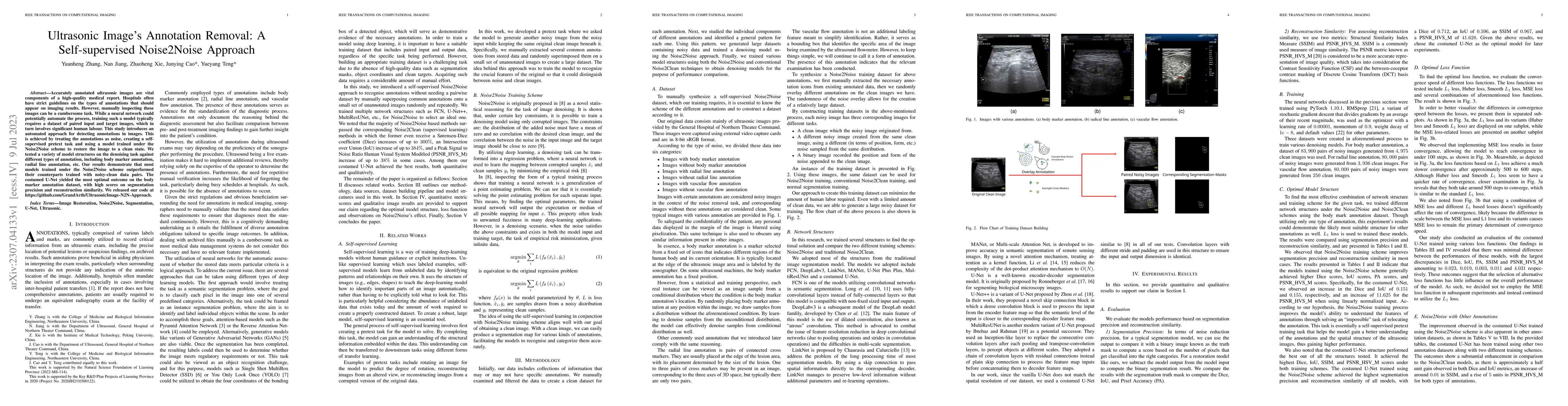 Thumbnail for Ultrasonic Image's Annotation Removal: A Self-supervised Noise2Noise
  Approach