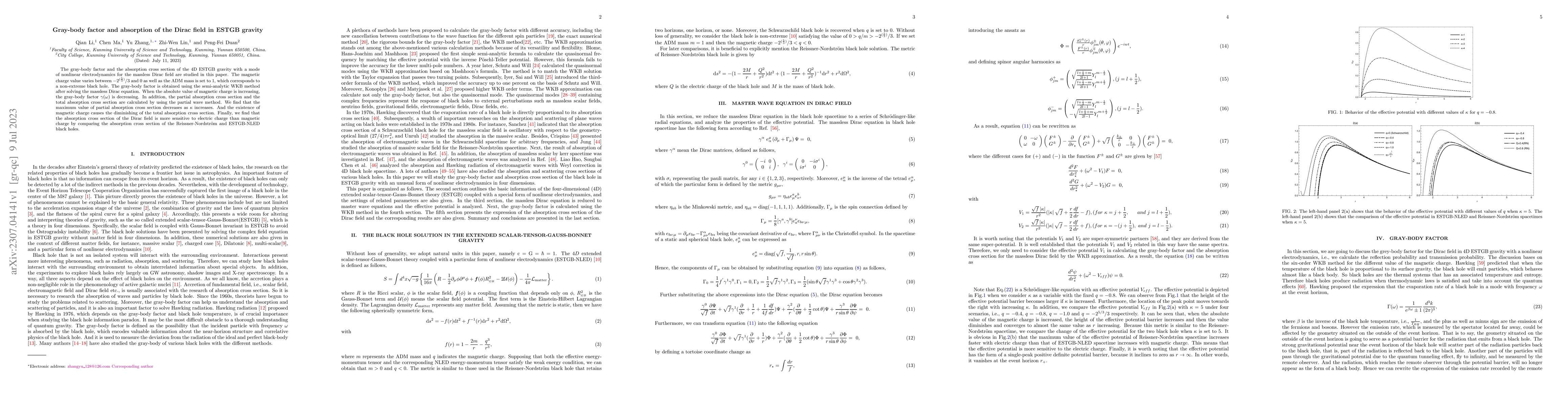 Thumbnail for Gray-body factor and absorption of the Dirac field in ESTGB gravity