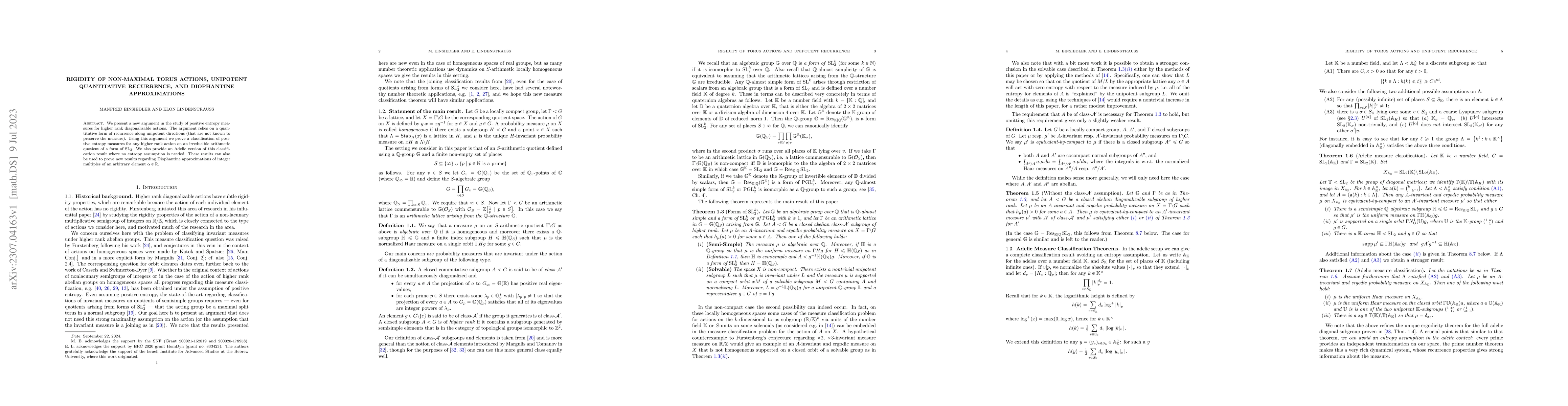Thumbnail for Rigidity of non-maximal torus actions, unipotent quantitative
  recurrence, and Diophantine approximations