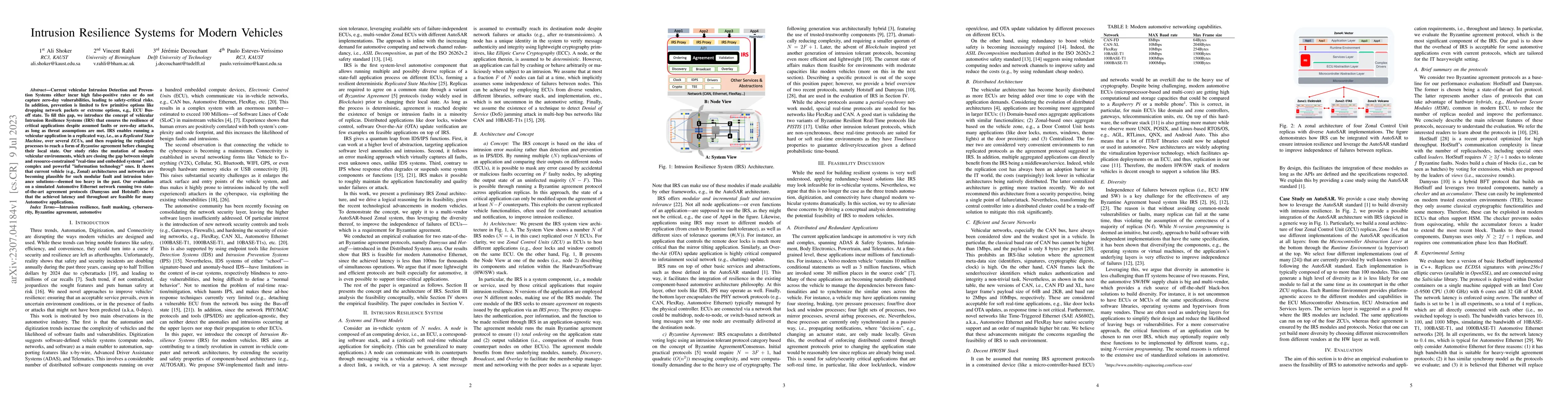 Thumbnail for Intrusion Resilience Systems for Modern Vehicles