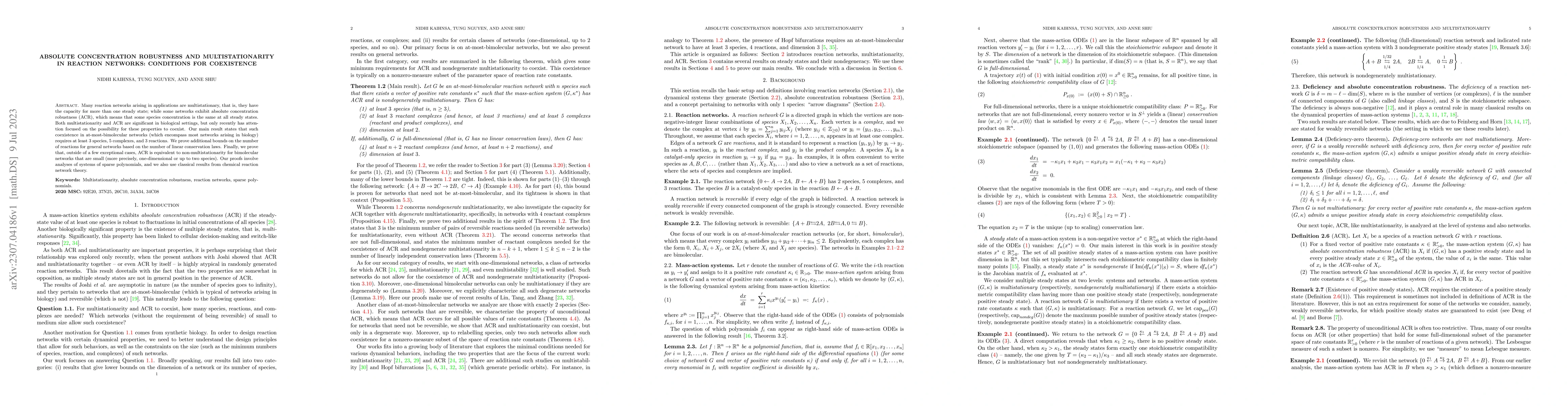 Thumbnail for Absolute Concentration Robustness and Multistationarity in Reaction
  Networks: Conditions for Coexistence