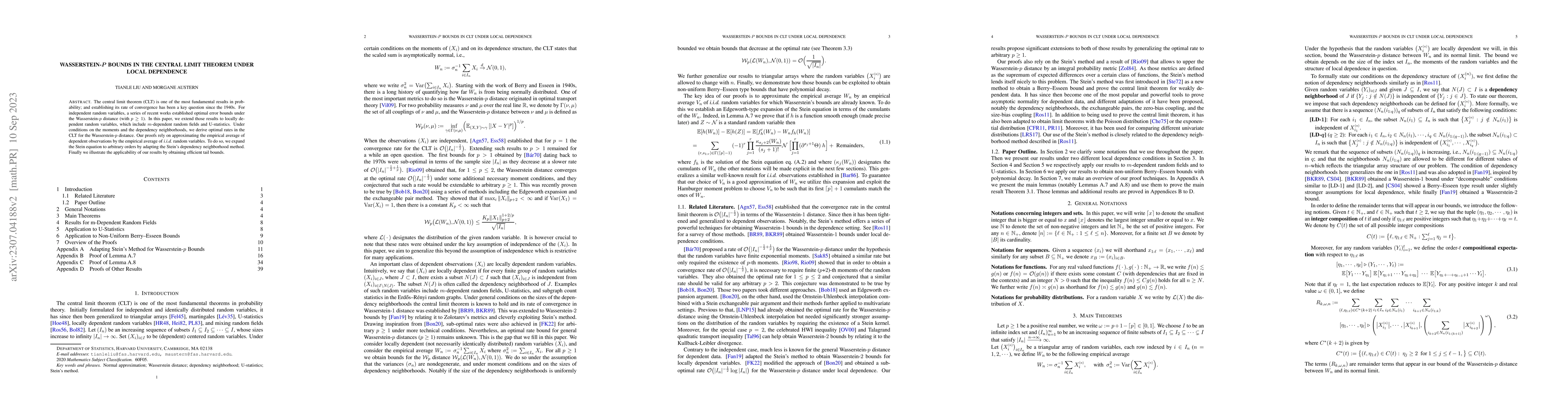 Thumbnail for Wasserstein-p Bounds in the Central Limit Theorem Under Local Dependence