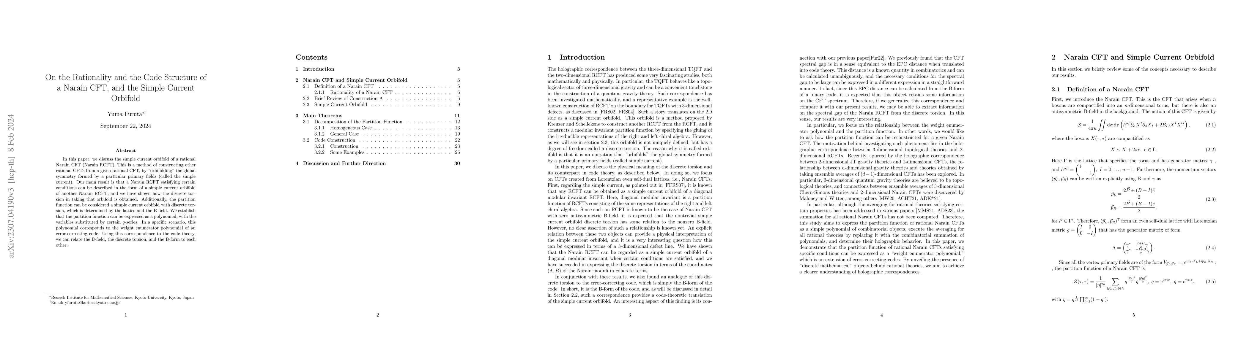 Thumbnail for On the Rationality and the Code Structure of a Narain CFT, and the
  Simple Current Orbifold