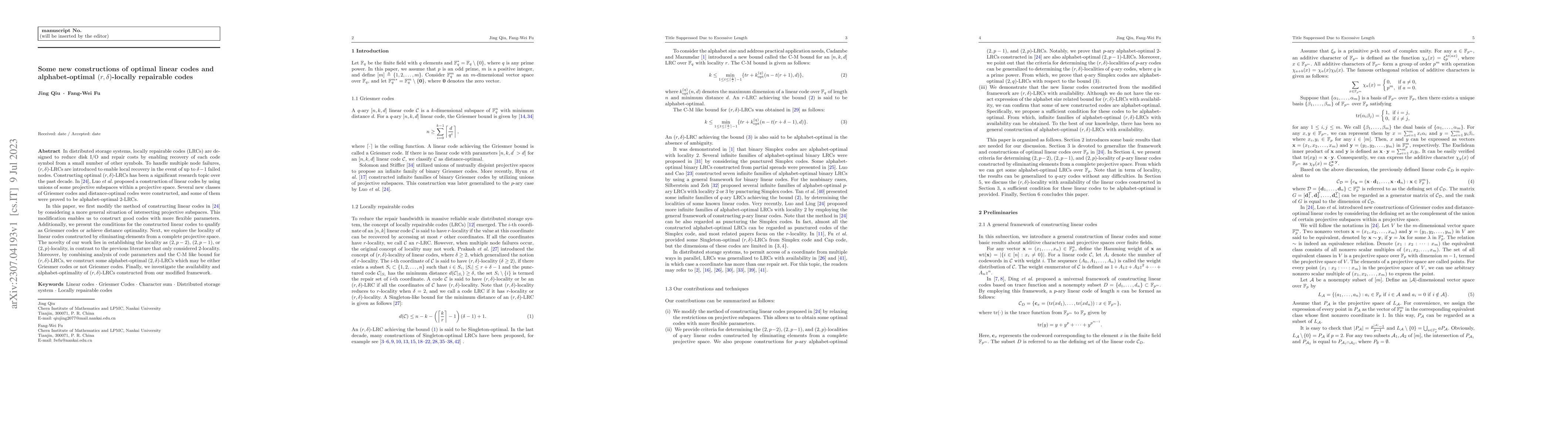 Thumbnail for Some new constructions of optimal linear codes and alphabet-optimal
  $(r,\delta)$-locally repairable codes