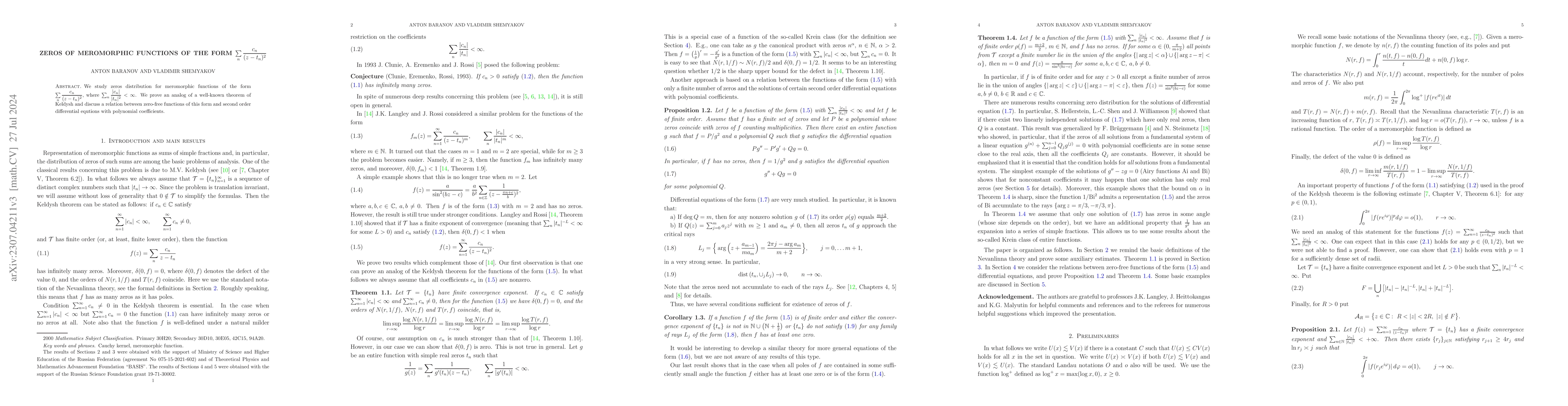 Thumbnail for Zeros of meromorphic functions of the form $\sum\limits_n
  \dfrac{c_n}{(z-t_n)^2}$