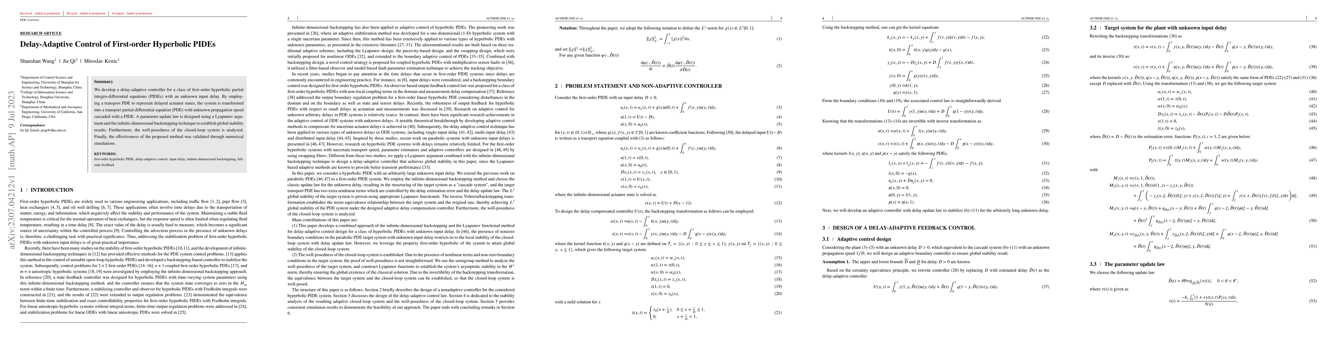 Thumbnail for Delay-Adaptive Control of First-order Hyperbolic PIDEs