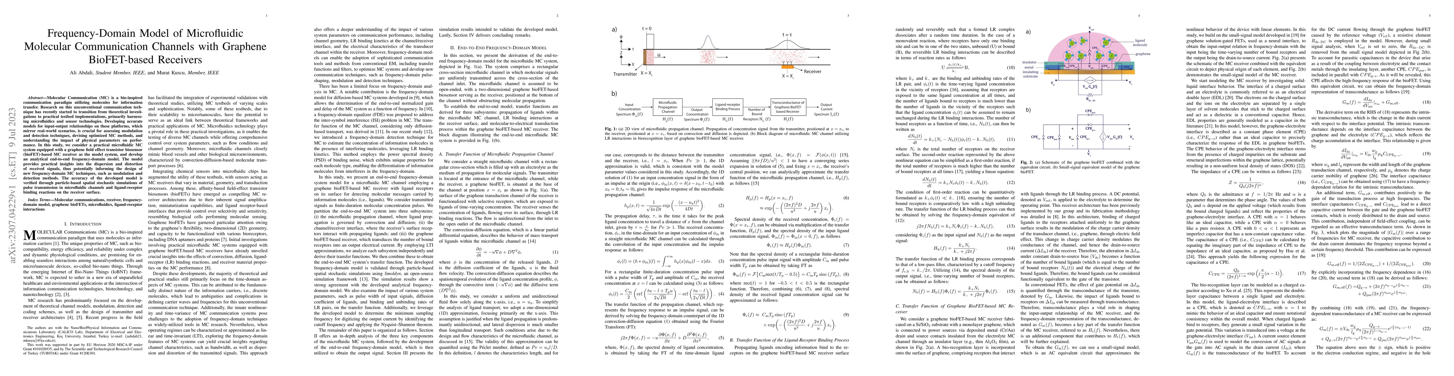 Thumbnail for Frequency-Domain Model of Microfluidic Molecular Communication Channels
  with Graphene BioFET-based Receivers