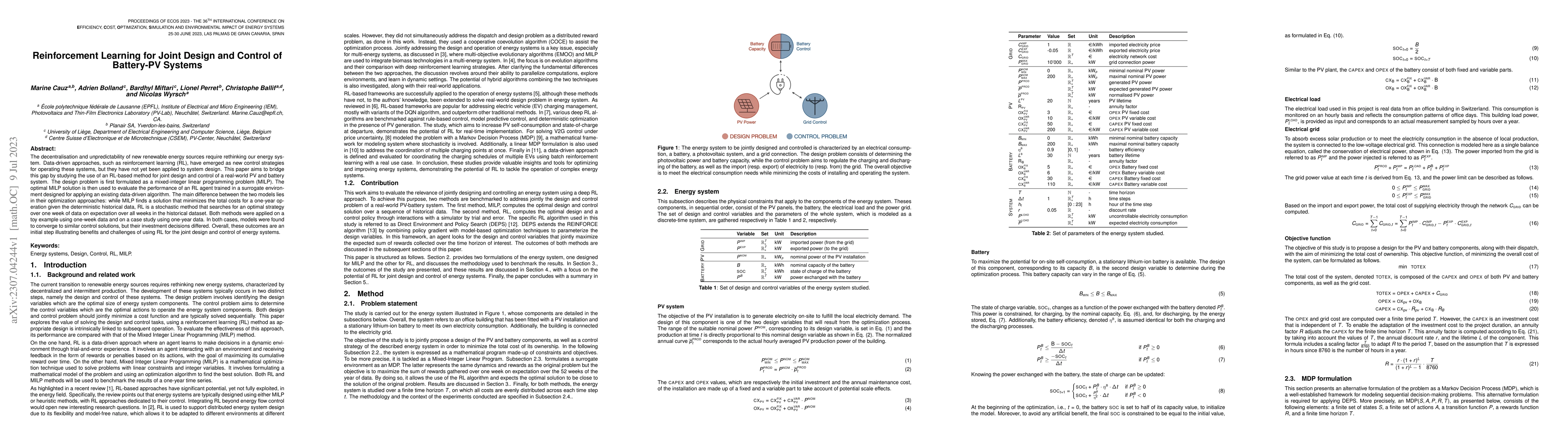 Thumbnail for Reinforcement Learning for Joint Design and Control of Battery-PV
  Systems