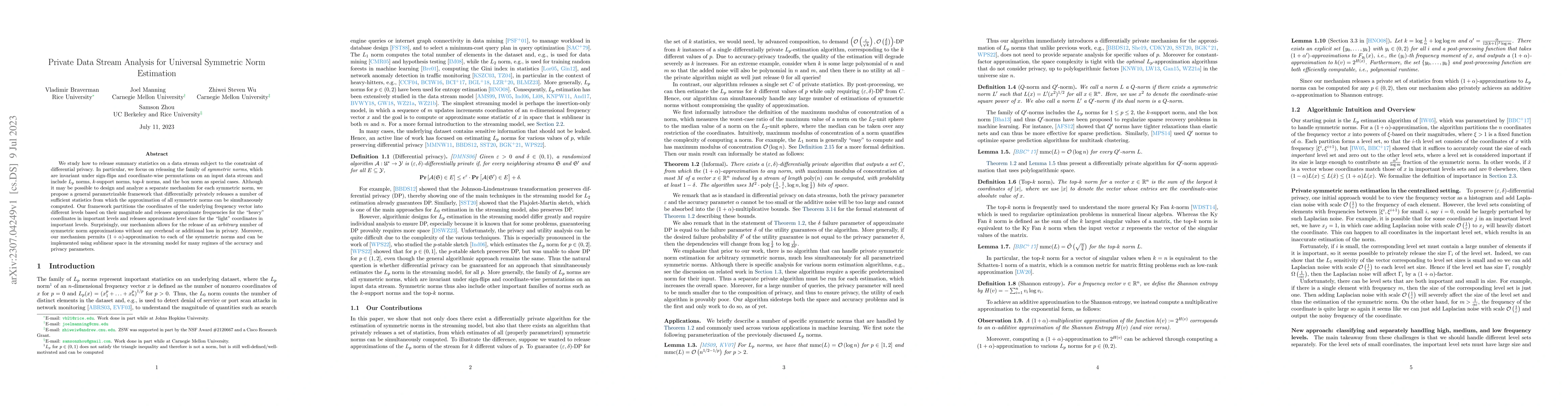 Thumbnail for Private Data Stream Analysis for Universal Symmetric Norm Estimation