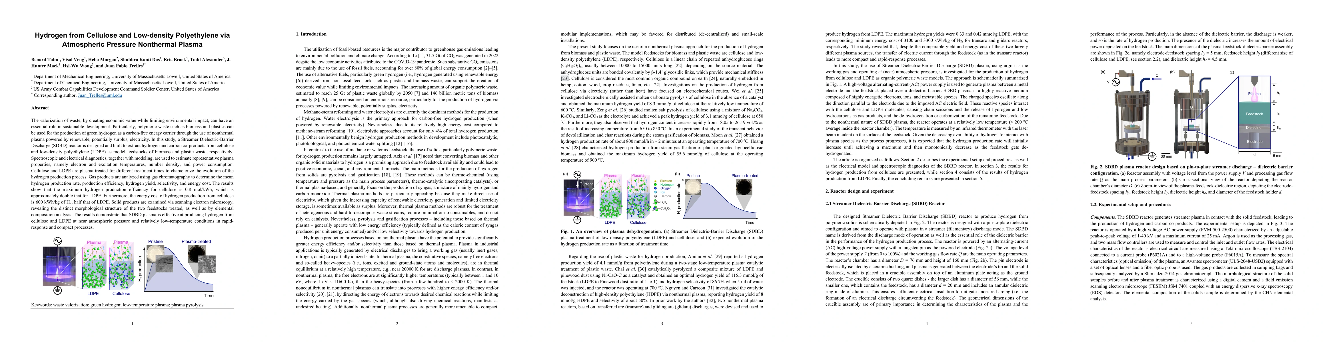 Thumbnail for Hydrogen from Cellulose and Low-density Polyethylene via Atmospheric
  Pressure Nonthermal Plasma