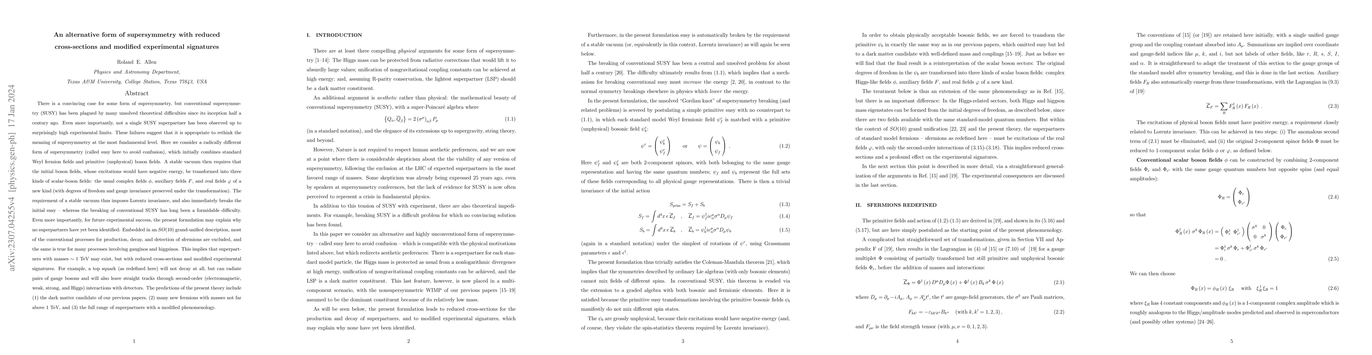 Thumbnail for An alternative form of supersymmetry with reduced cross-sections and
  modified experimental signatures