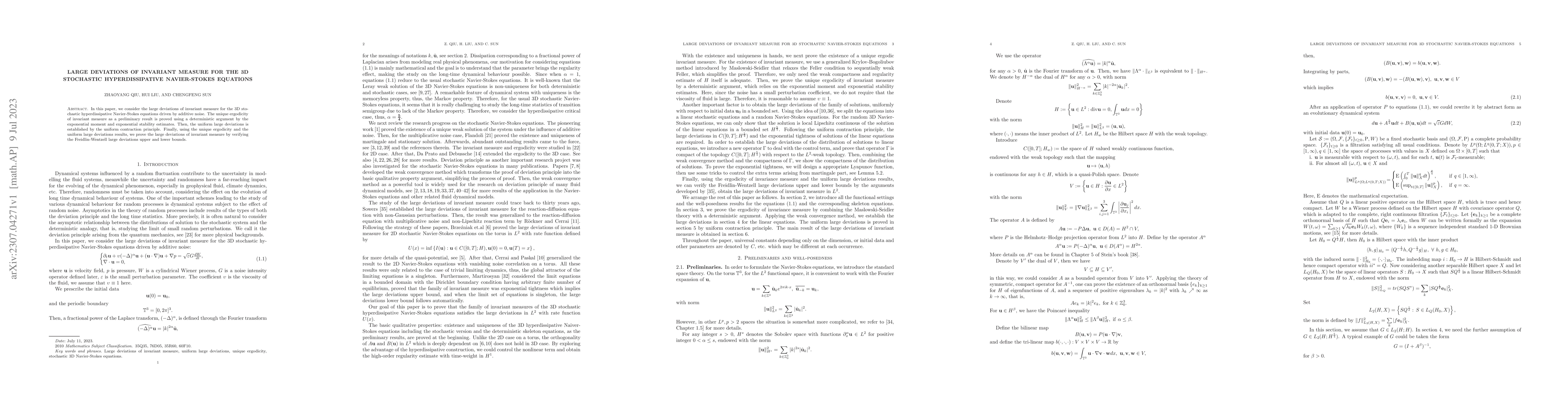 Thumbnail for Large deviations of invariant measure for the 3D stochastic
  hyperdissipative Navier-Stokes equations