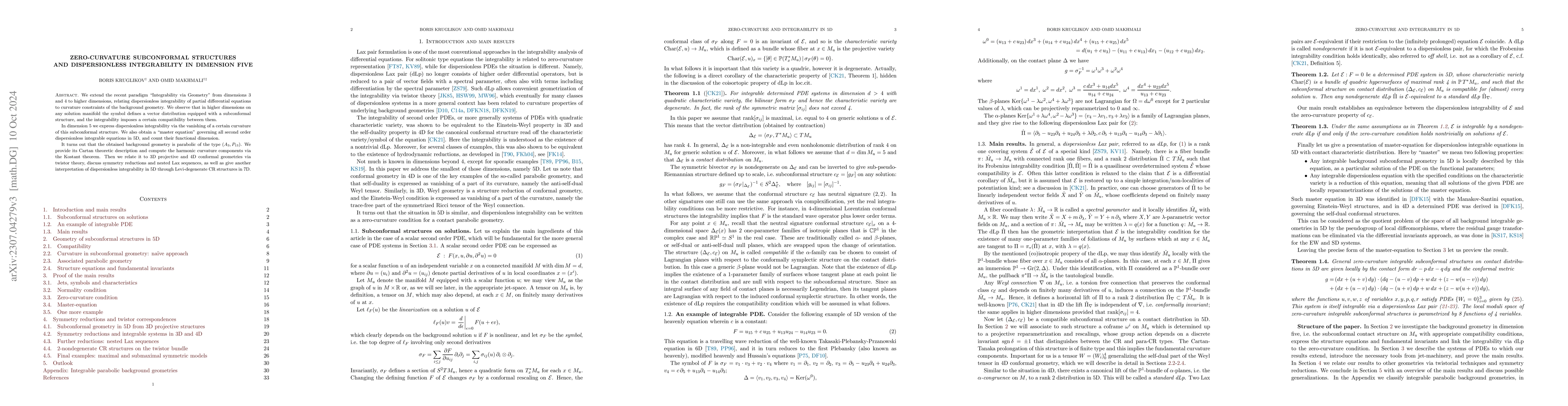 Thumbnail for Zero-curvature subconformal structures and dispersionless integrability
  in dimension five