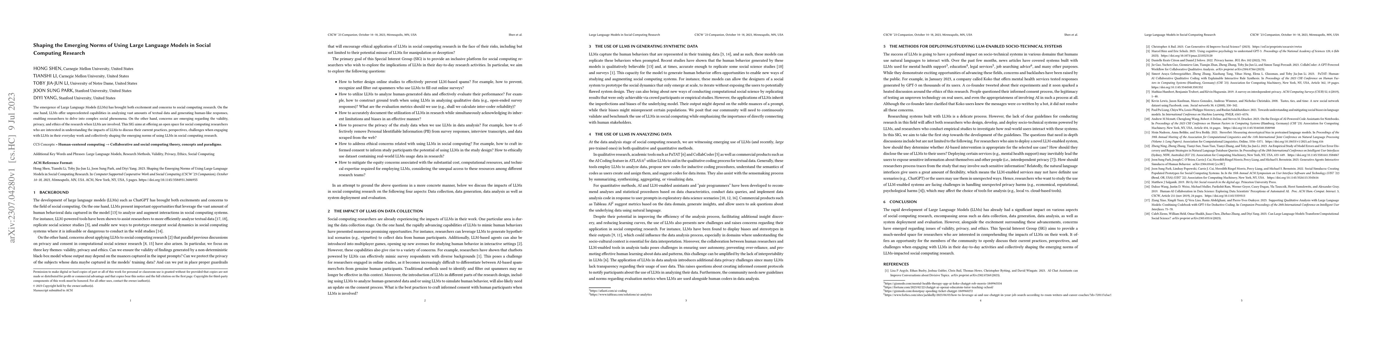 Thumbnail for Shaping the Emerging Norms of Using Large Language Models in Social
  Computing Research