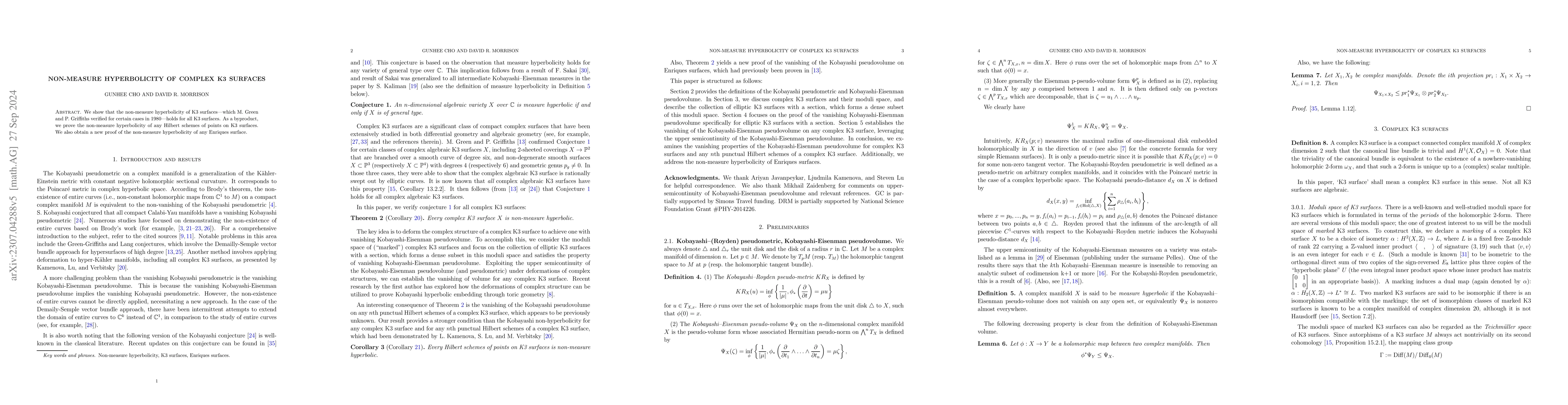 Thumbnail for Non-Measure Hyperbolicity of K3 Surfaces and Hilbert Schemes of Points
  on K3 Surfaces