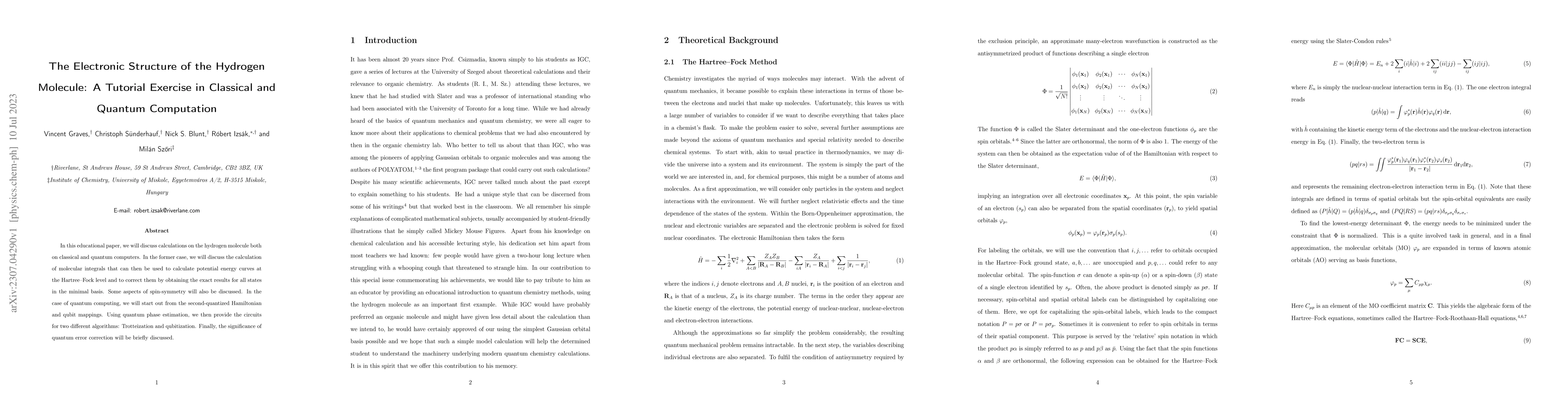 Thumbnail for The Electronic Structure of the Hydrogen Molecule: A Tutorial Exercise
  in Classical and Quantum Computation