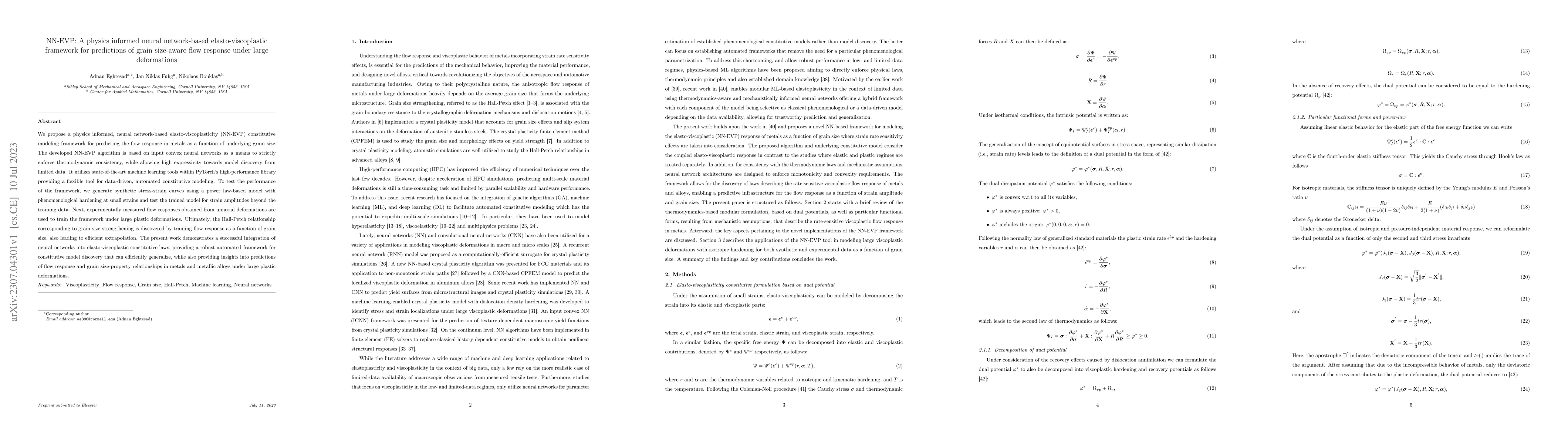 Thumbnail for NN-EVP: A physics informed neural network-based elasto-viscoplastic
  framework for predictions of grain size-aware flow response under large
  deformations