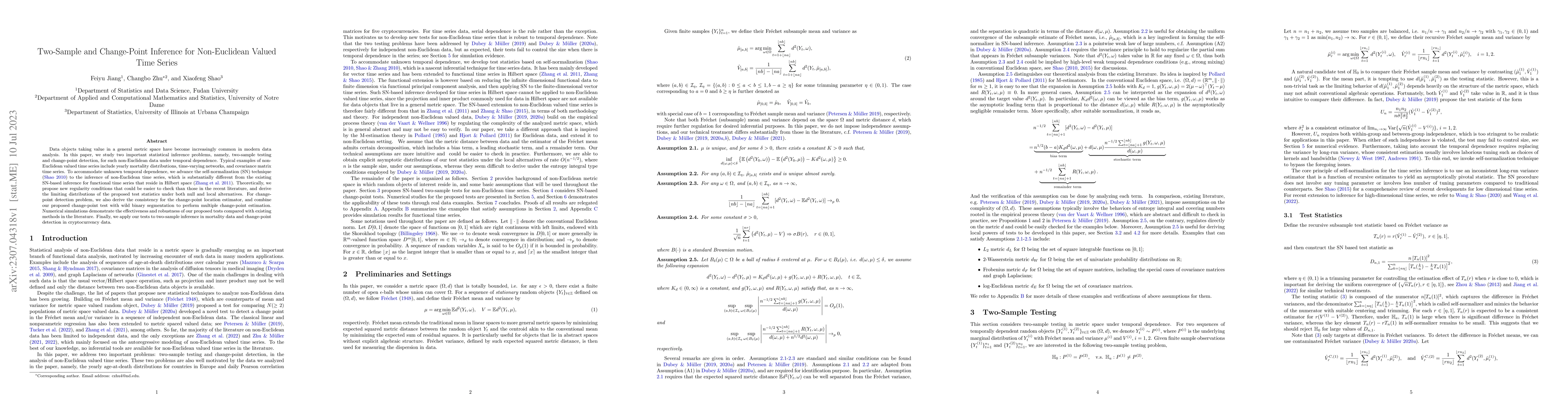 Thumbnail for Two-Sample and Change-Point Inference for Non-Euclidean Valued Time
  Series