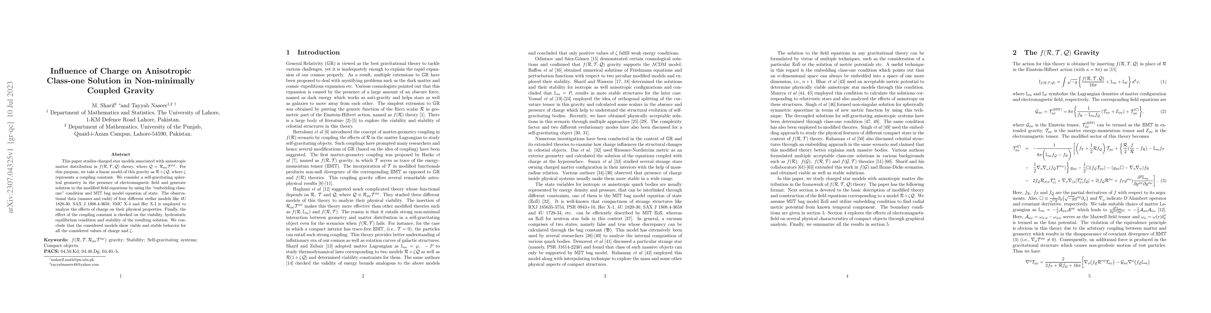 Thumbnail for Influence of Charge on Anisotropic Class-one Solution in Non-minimally
  Coupled Gravity
