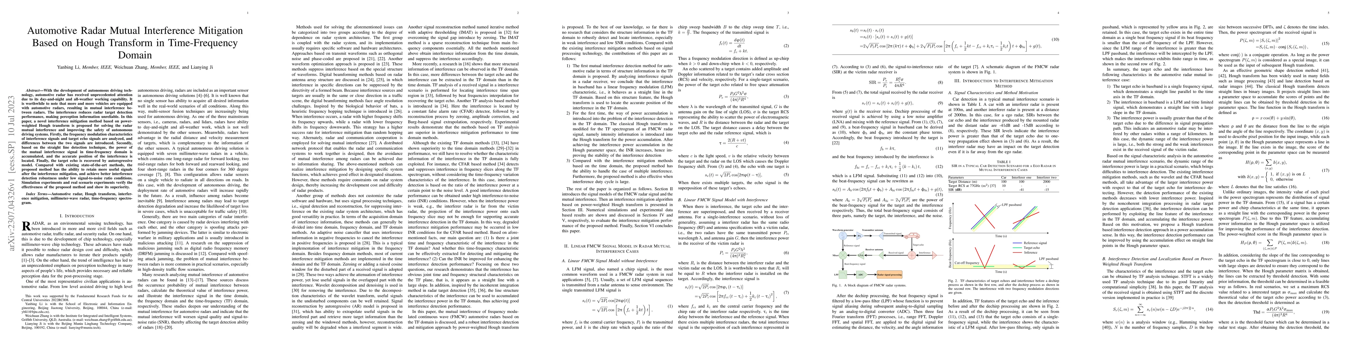 Thumbnail for Automotive Radar Mutual Interference Mitigation Based on Hough Transform
  in Time-Frequency Domain