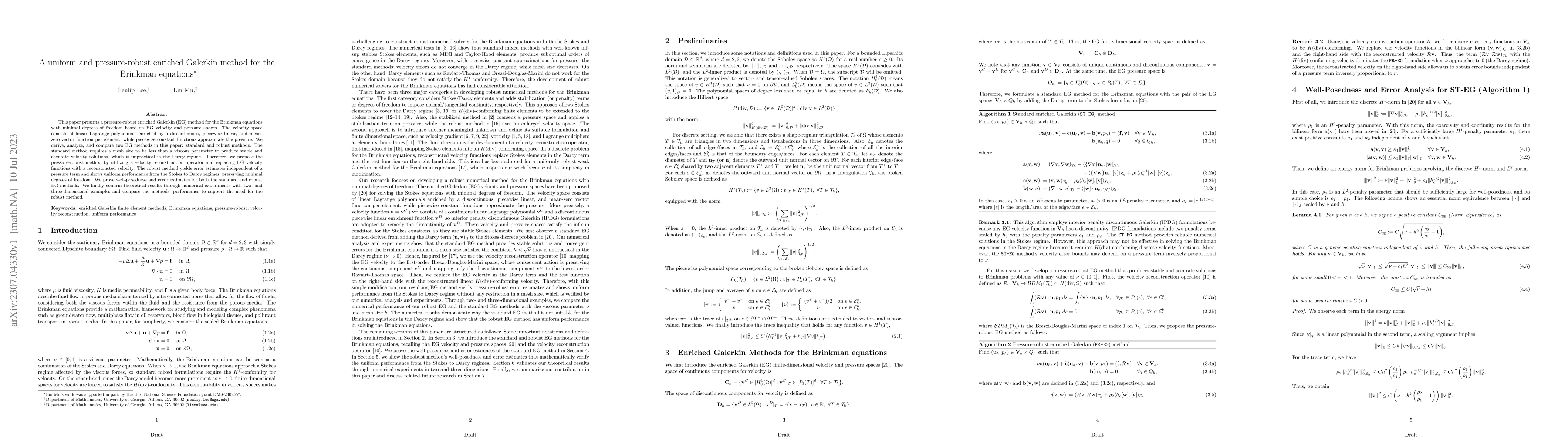Thumbnail for A uniform and pressure-robust enriched Galerkin method for the Brinkman
  equations