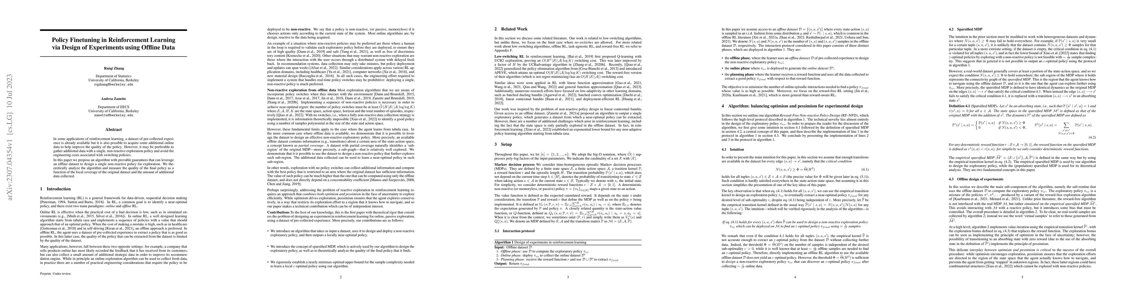 Thumbnail for Policy Finetuning in Reinforcement Learning via Design of Experiments
  using Offline Data